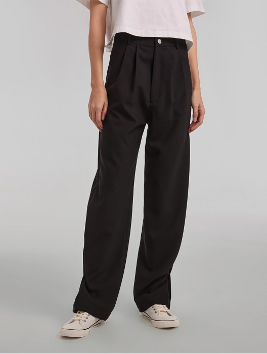 Pleated Straight Pants with Buttoned Bottom